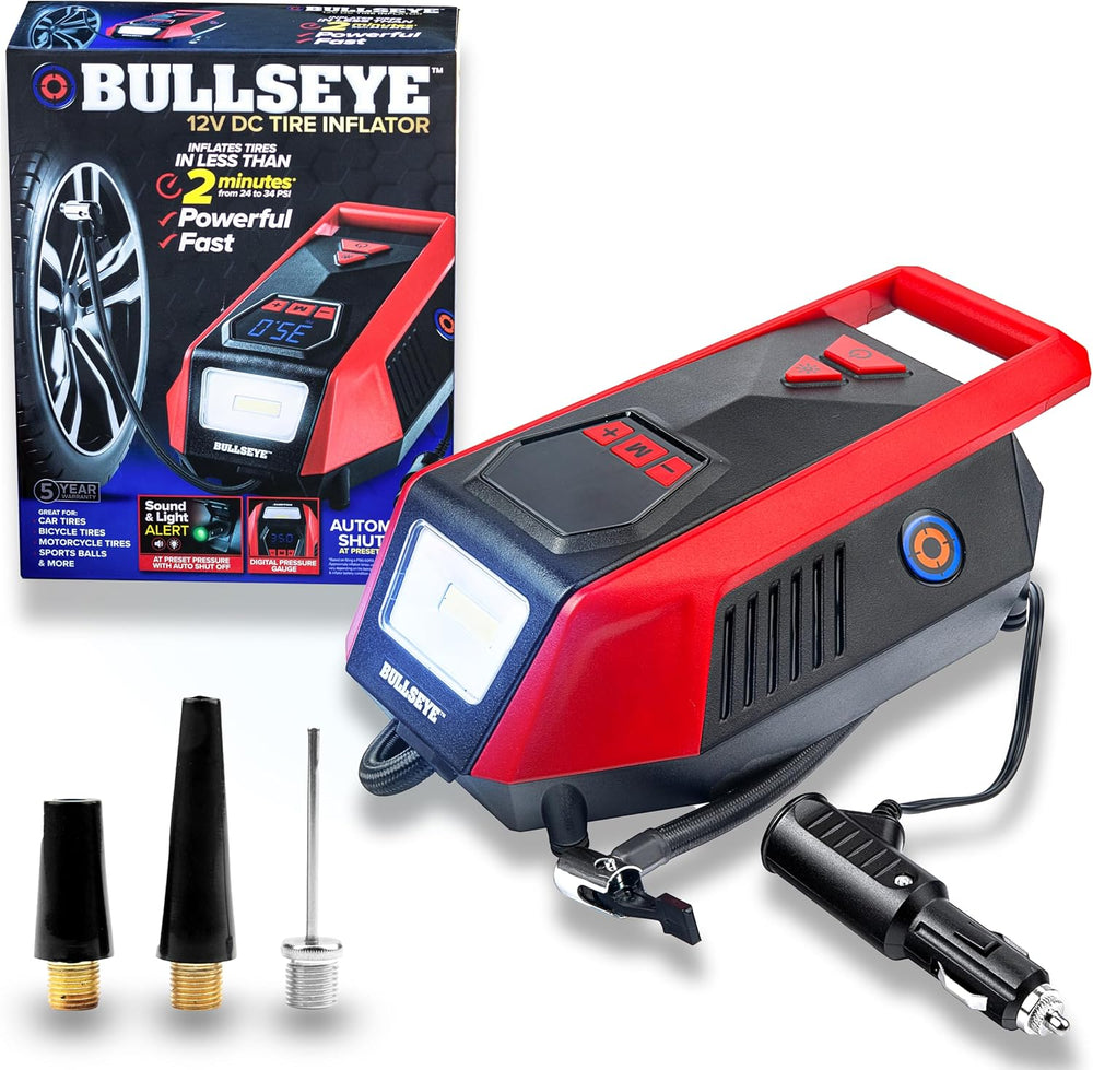 Bullseye 12V DC Car Tire Inflator Portable Air Compressor - Rapid 2 Minute In...