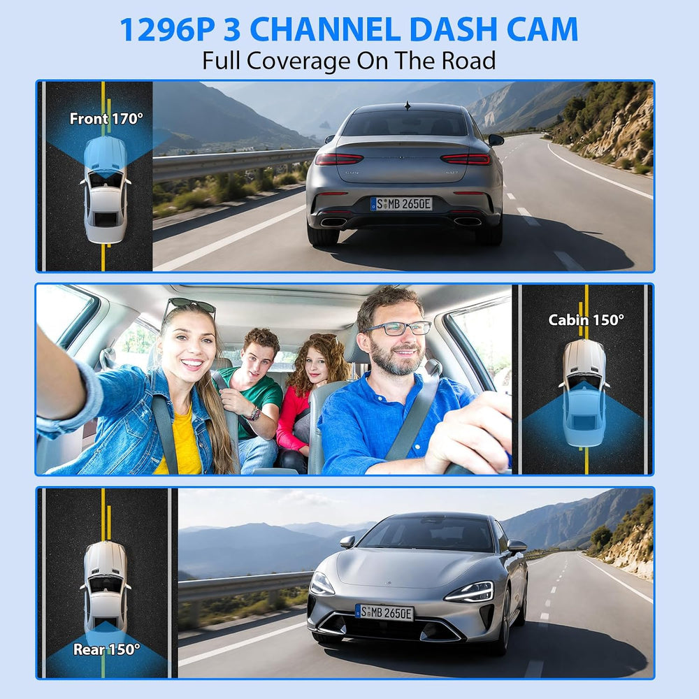 Dash Cam Front and Rear, 1296P Dash Camera for Cars, 3 Channel Car Camera Fro...