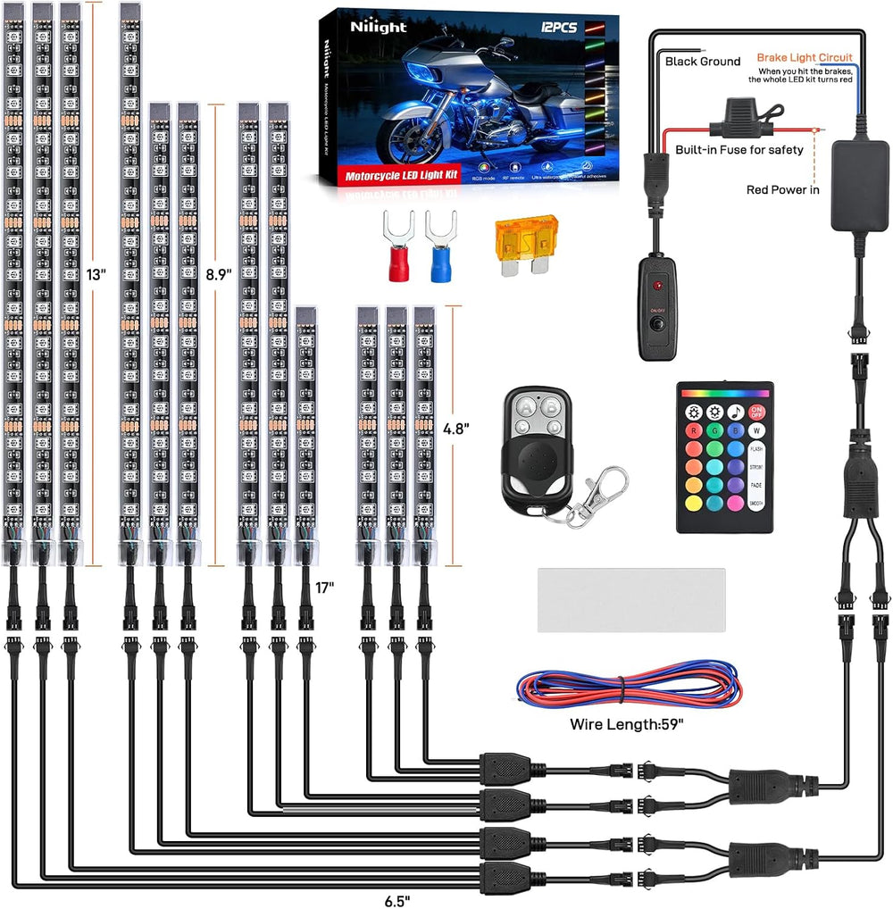 Nilight - TL-35 12PCS Motorcycle RGB Led Light Kit Waterproof Multi-Color Atm...