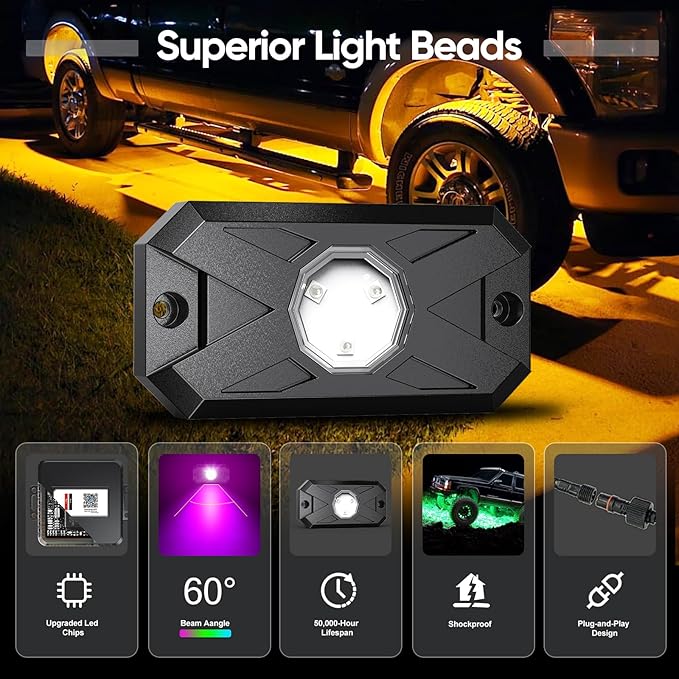 YiLaie RGB LED Rock Lights Kit, 6 Pods Underglow Multicolor Neon Light