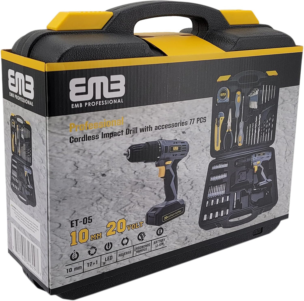 EMB Professional 20V Cordless Drill Driver Kit - 0-1300 RPM Variable Speed, 1...
