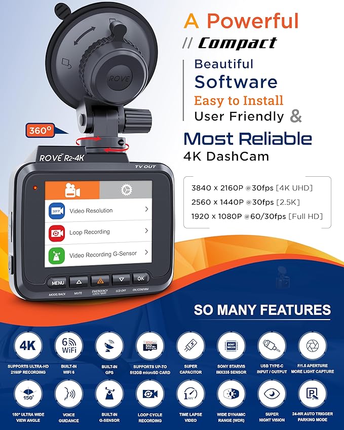 ROVE R2-4K Dash Cam Built-in WiFi 6 GPS Car Dashboard Camera Recorder