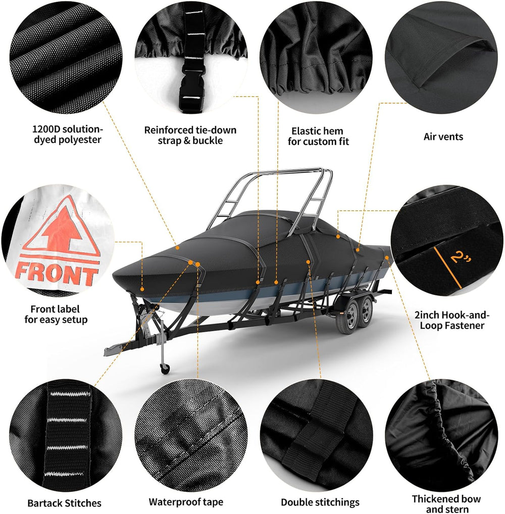 1200D Solution Dyed Ski&Wakeboard Tower Boat Cover with Stoage Bag, 17’-19‘