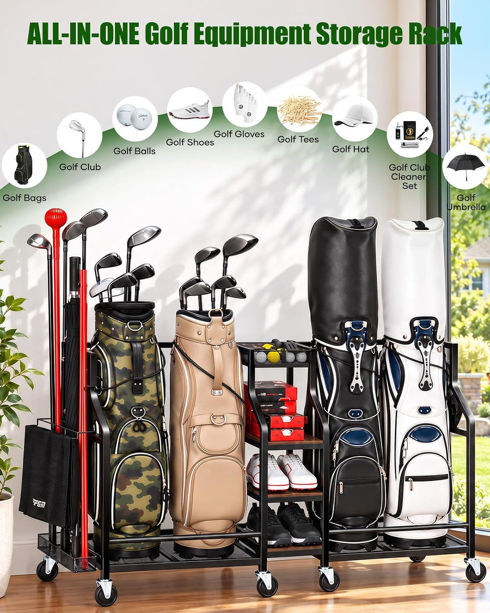 FHXZH Golf Bags Storage Garage Organizer - Golf Bag Stand with Wheels