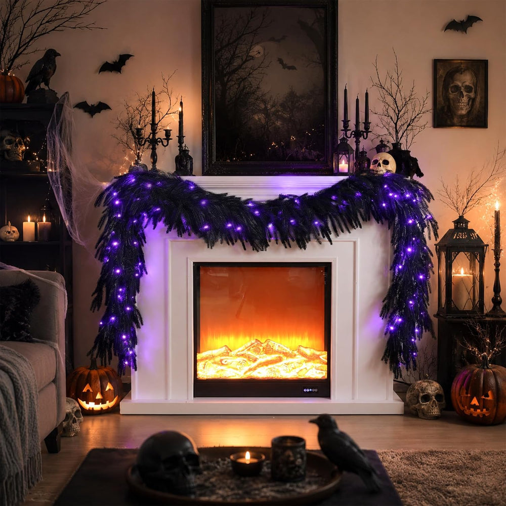 N&T NIETING 9FT Black Halloween Pre-Lit Garland with 70 LED Lights Real T...