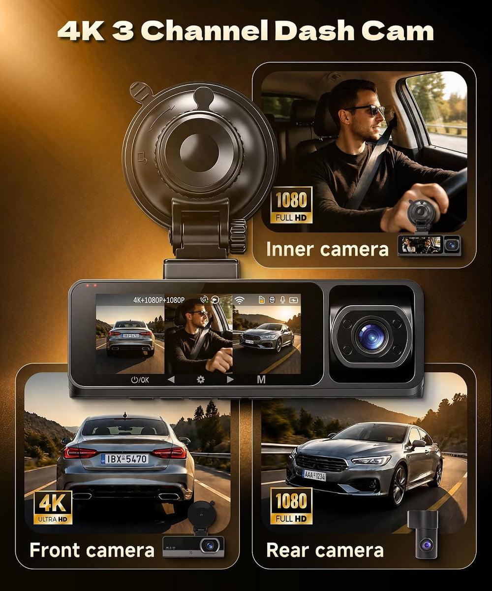 4K Dash Cam Front Rear and Inside, 3 Channel with 5.8GHz WiFi, 64GB Card