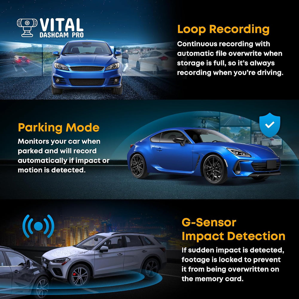 Vital Dash Camera Pro 2026 Dashcam Front and Rear Camera for Cars FHD