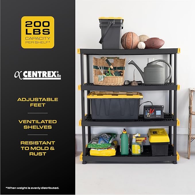 BLACK & YELLOW, 4-Tier Heavy Duty Plastic Storage Shelving Unit, 200lbs/s...