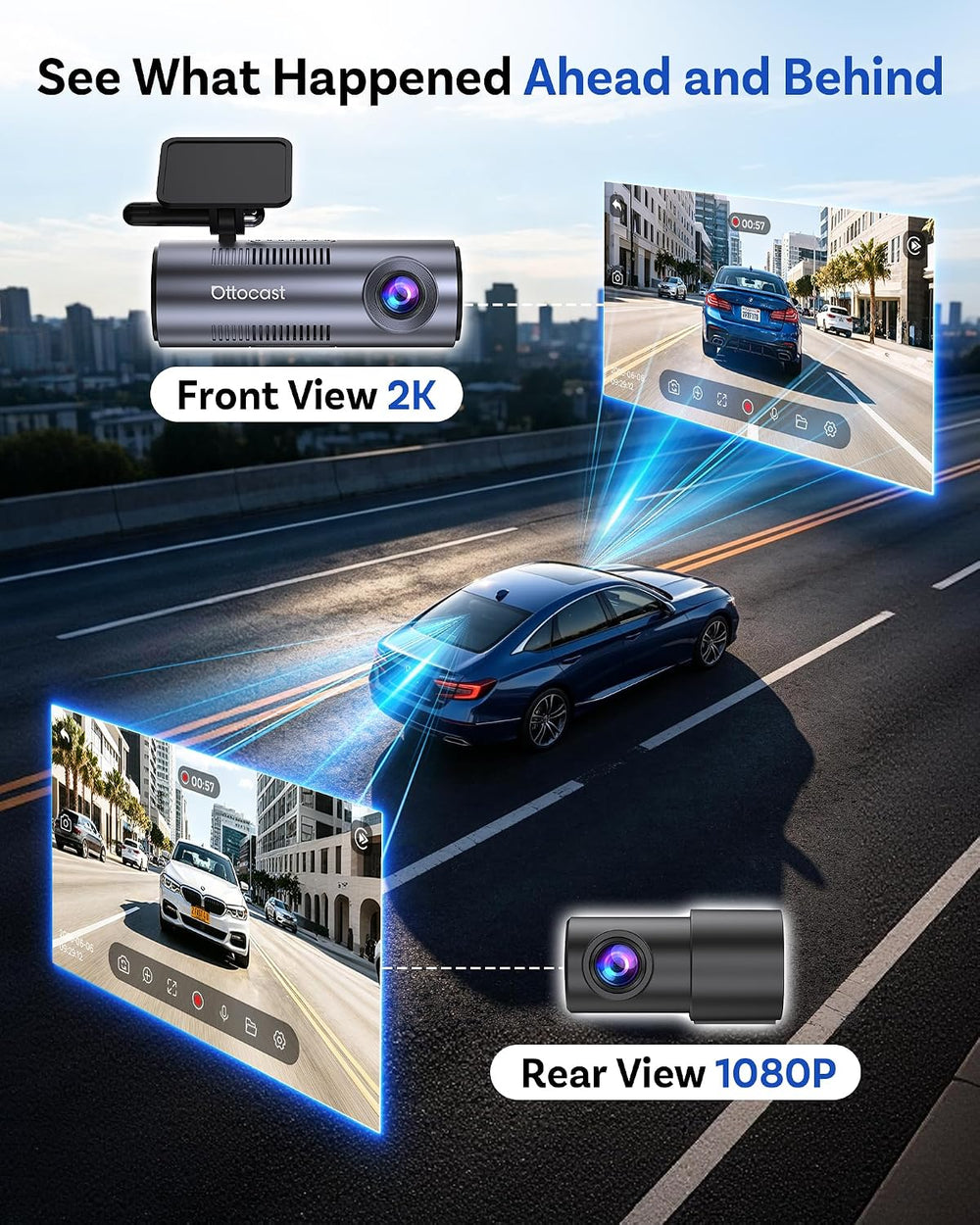 OTTOCAST Safe Cam Dash Cam Front and Rear with Wireless CarPlay Adapter
