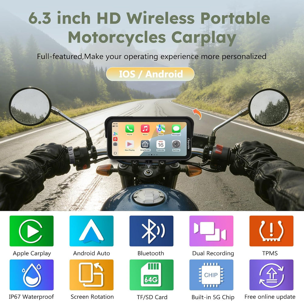 Carpuride W603DT 6.3" Motorcycle CarPlay Screen Android Auto TPMS Dash Cam