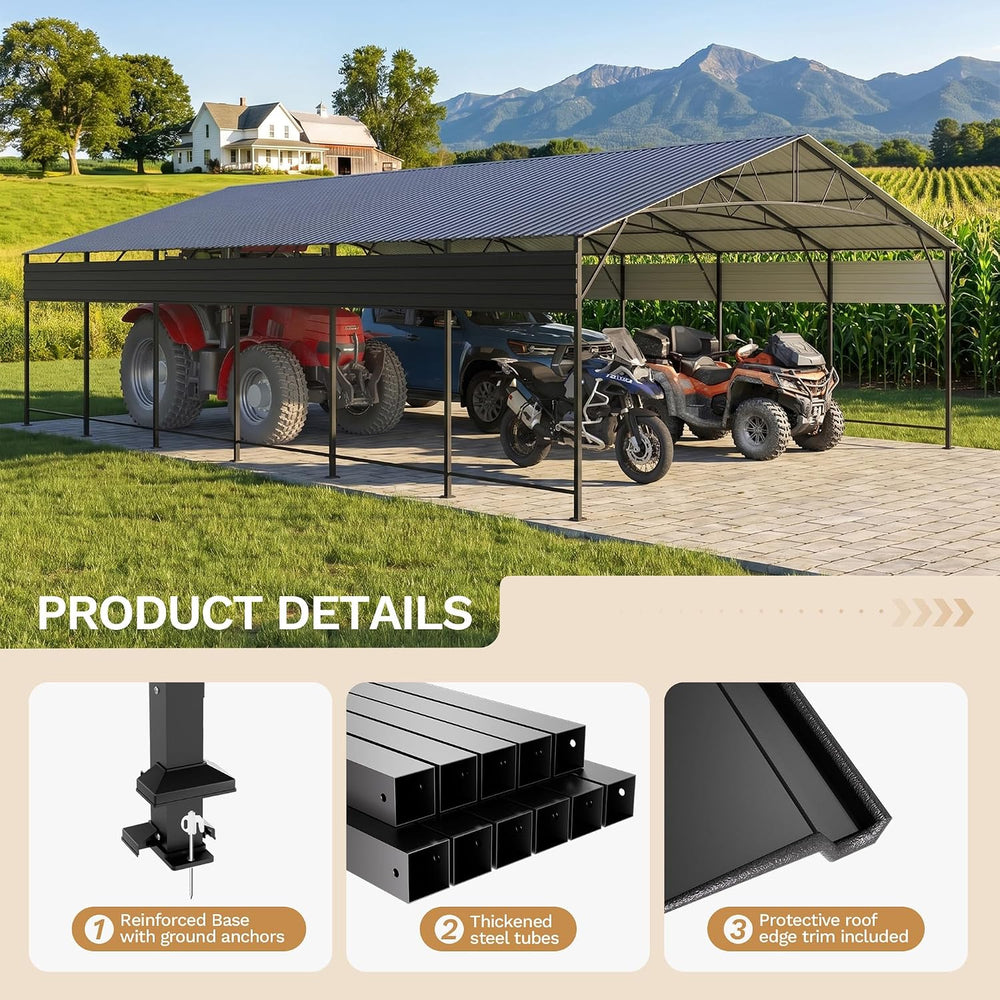 20x30 FT Metal Carport, Heavy Duty Oversized Carports, Black