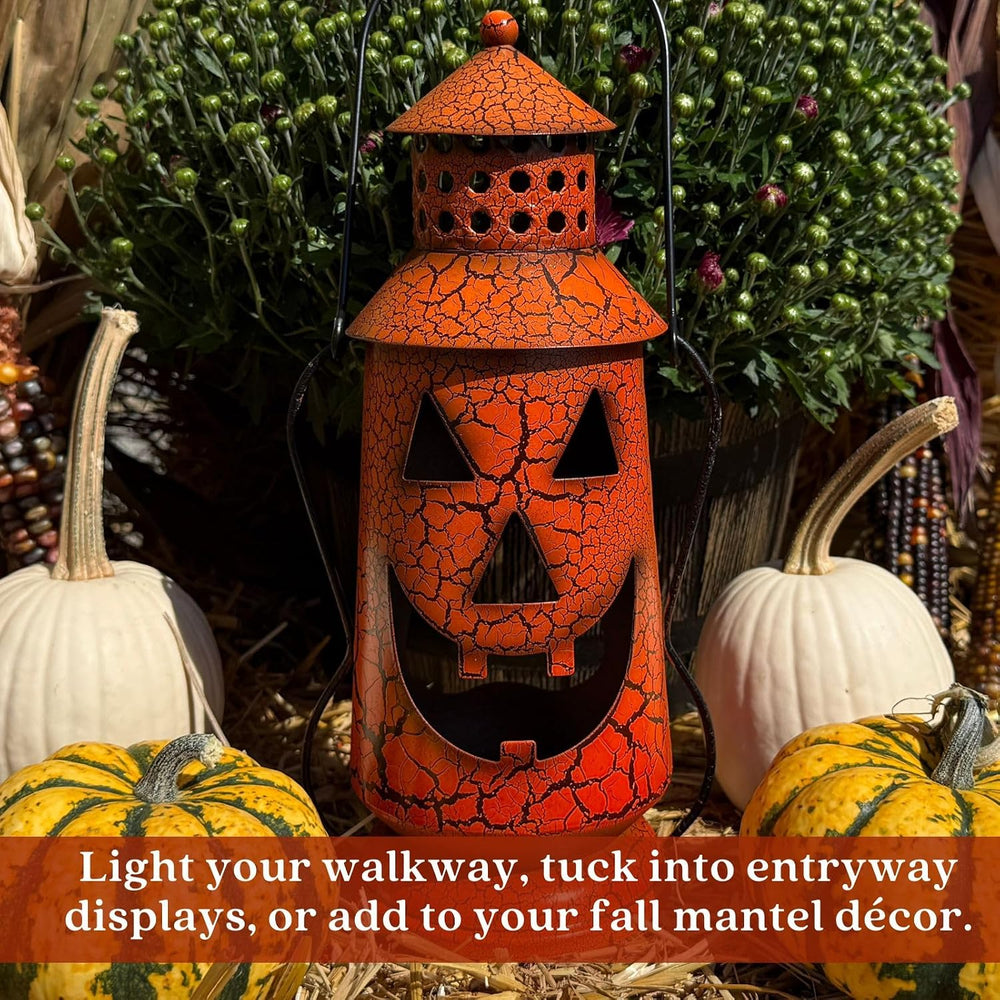 Clovers Garden Halloween Pumpkin Rustic Lantern with Handle 11.5" Tall