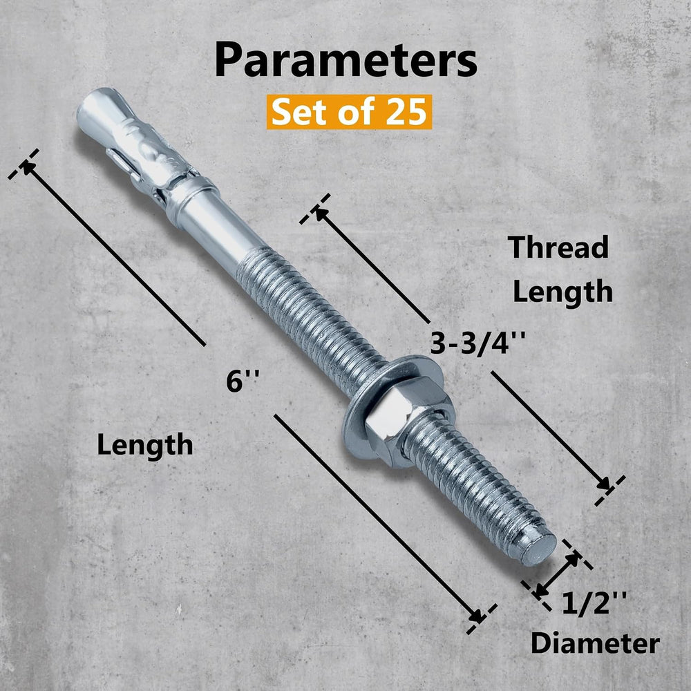 Party Animals 1/2 x 6 Inch Wedge Anchor, 25 PCs Zinc-Plated Industrial Anchor...