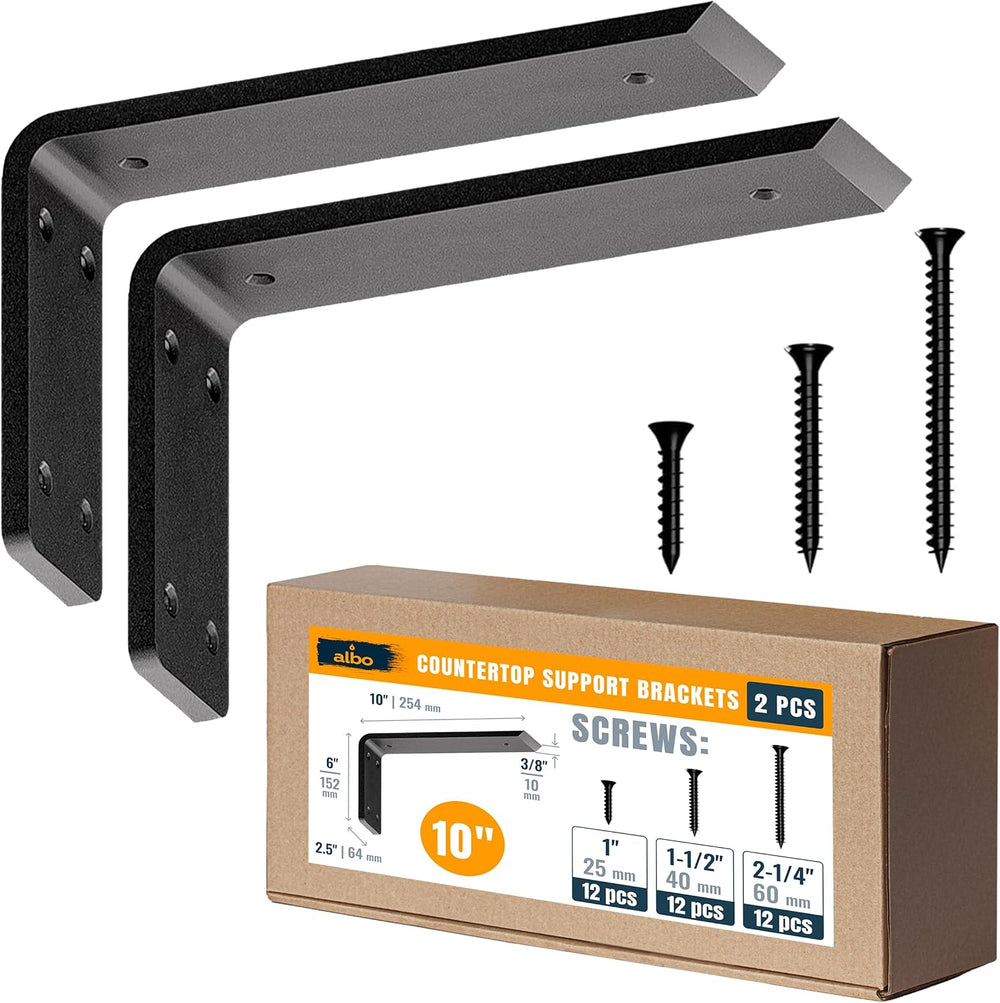ALBO 10 Inch Countertop Brackets, 2 Pack Heavy Duty Steel L Brackets, Black