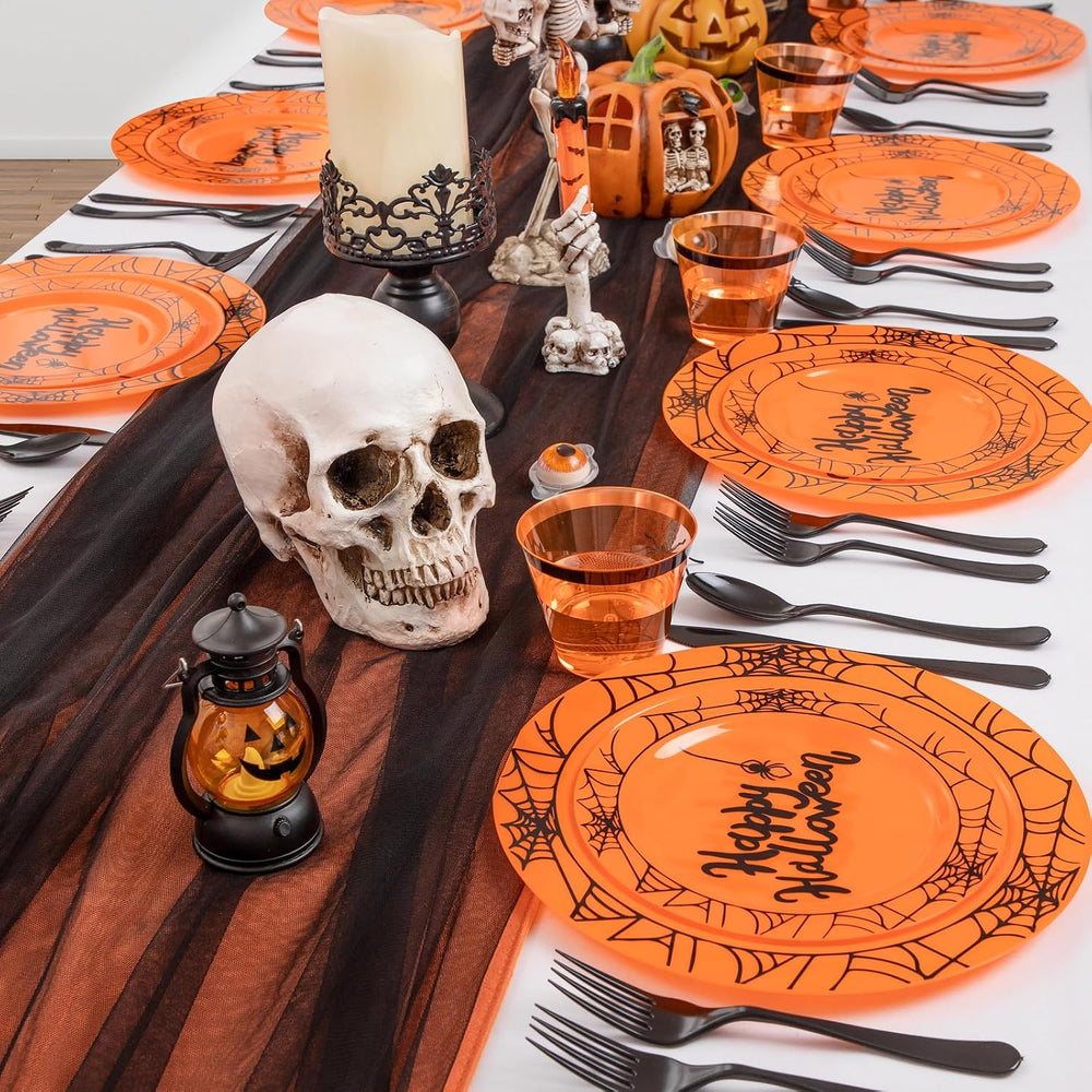 supernal 180 Pcs Orange and Black Halloween Plastic Dinnerware Set for 30