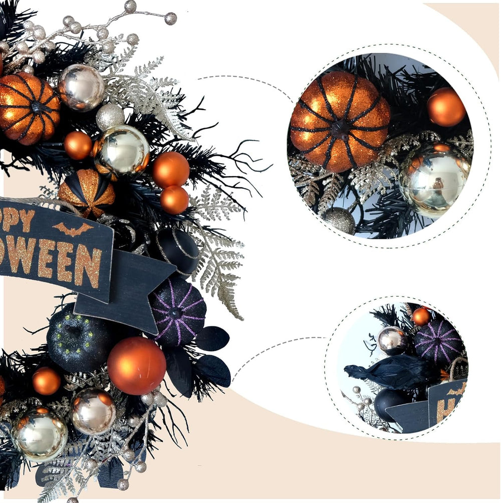24โ Halloween Black Glitter Pumpkin with Balls Wreath for Front Door