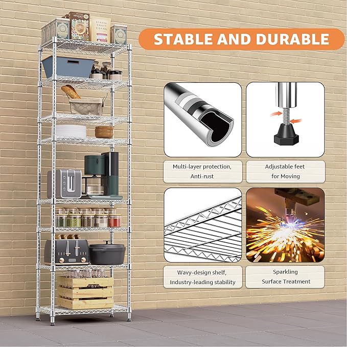 8 Tier 2000 lbs Storage Rack Metal Wire Shelving Unit, Storage Standing Shelf