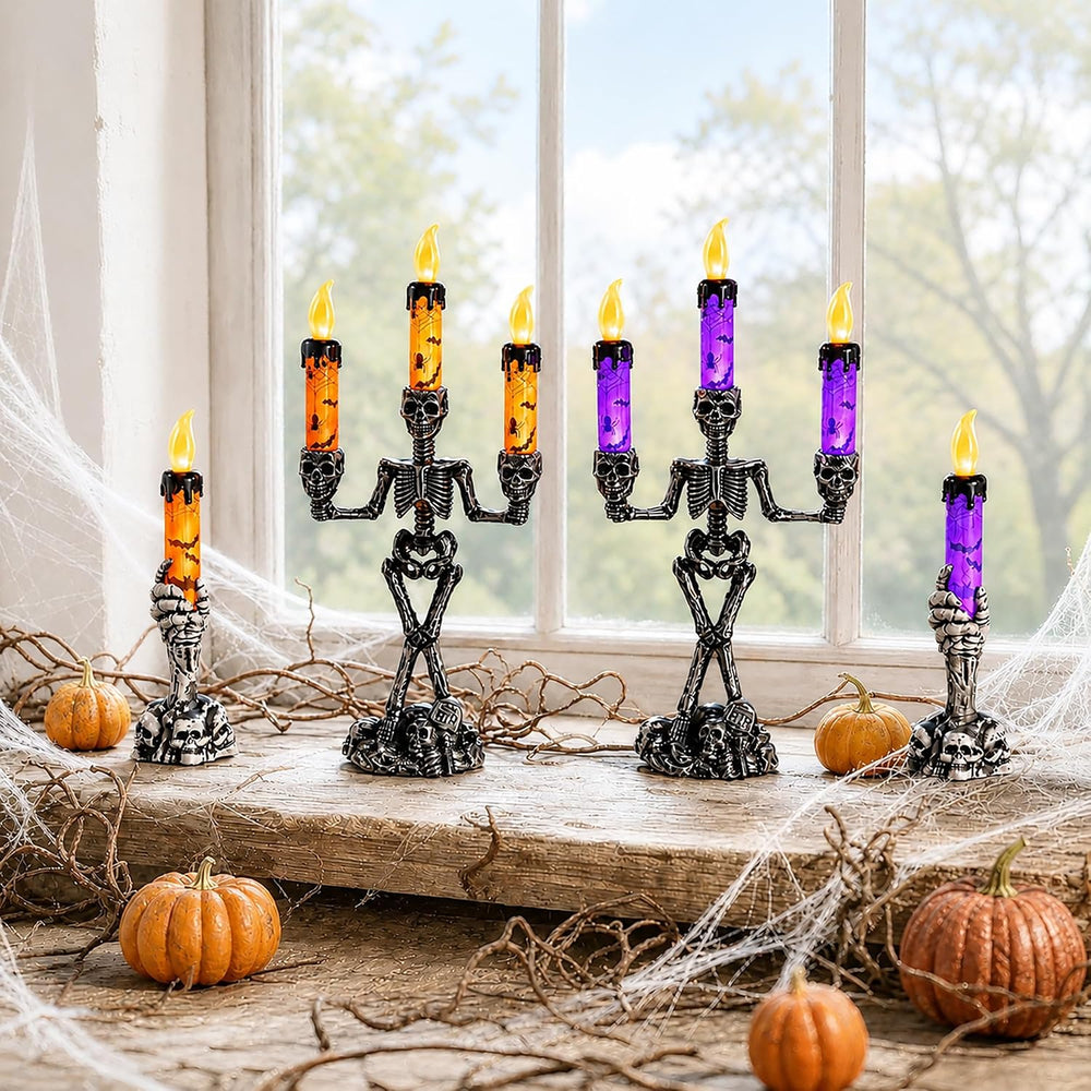 4Pcs Halloween Skeleton Candelabra LED Candle Light, Skull Candelabra Decor
