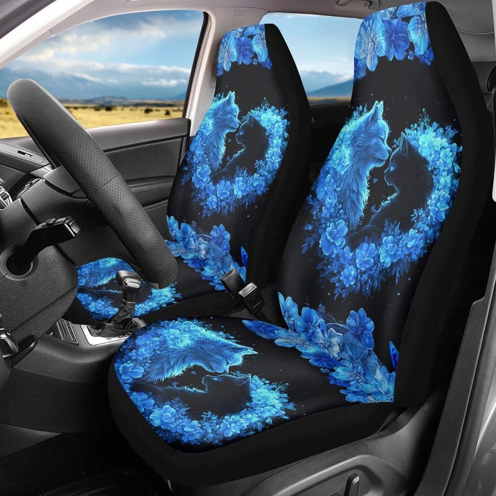 JoyLamoria Blue Cat Rose Print Front Car Seat Covers Set of 2,Universal fit f...