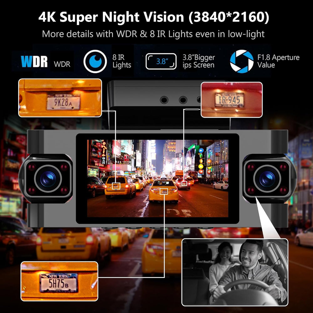 4K 4 Channel Dash Cam Front and Rear, 360 Car Camera, GPS & WiFi, 64GB Card