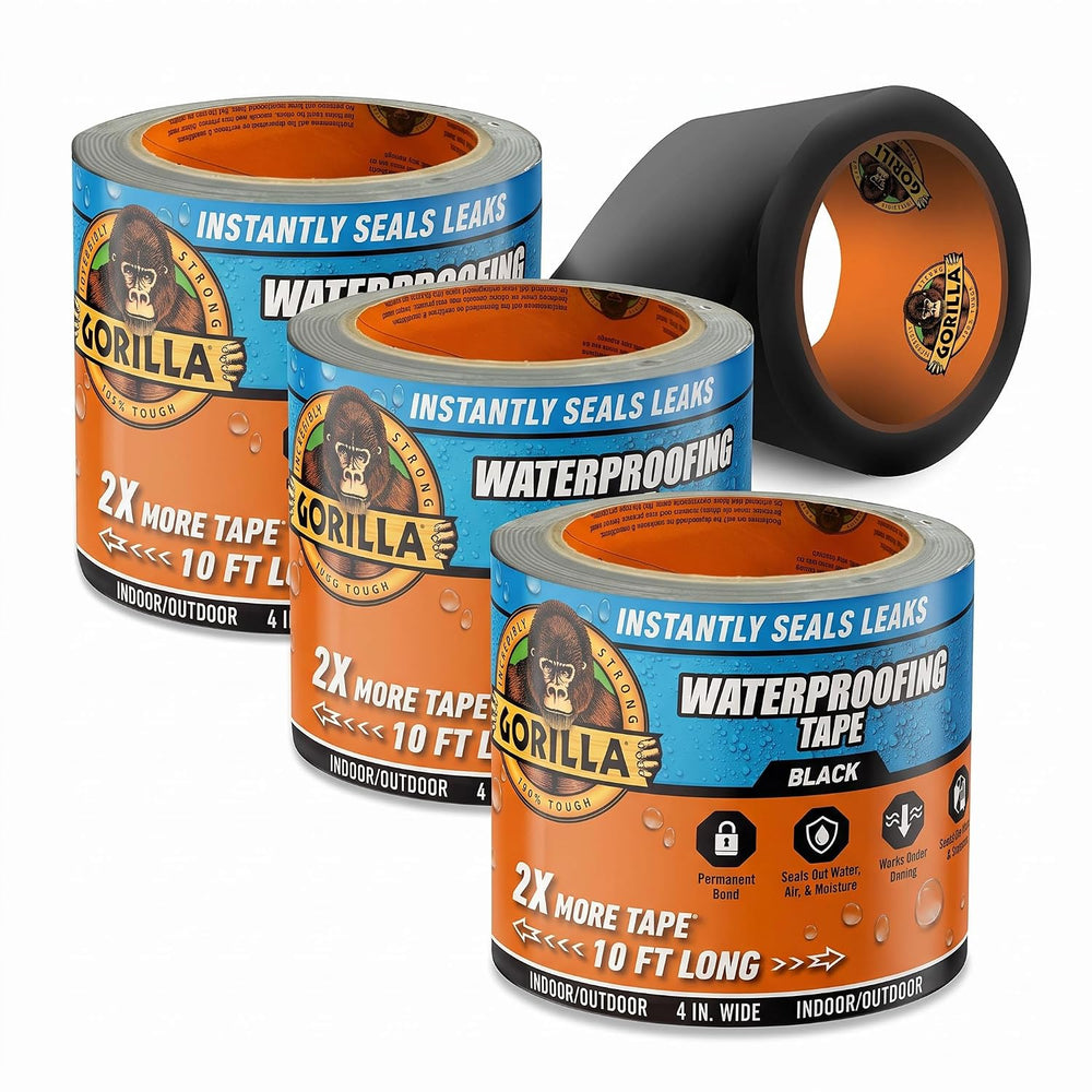GORILLA Waterproof Patch & Seal Tape, Black Tape, 4" x 10' (Pack...