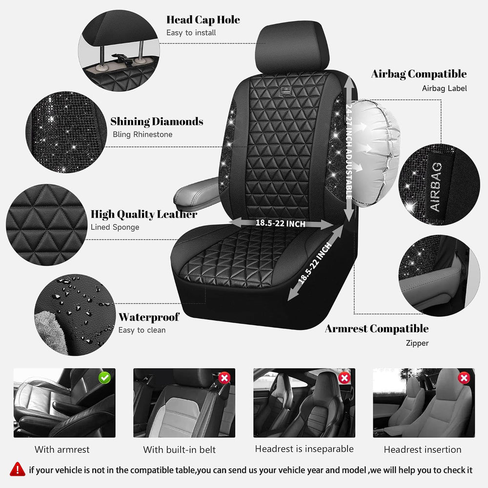 CAR PASS Bling Diamond Leather Car Seat Covers 2 Front Seats Interior Sets, W...
