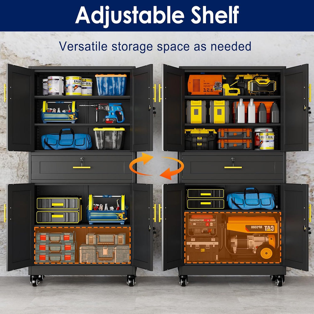75" H Metal Garage Storage Cabinet, Rolling Tool Cabinet with 2 Doors an...