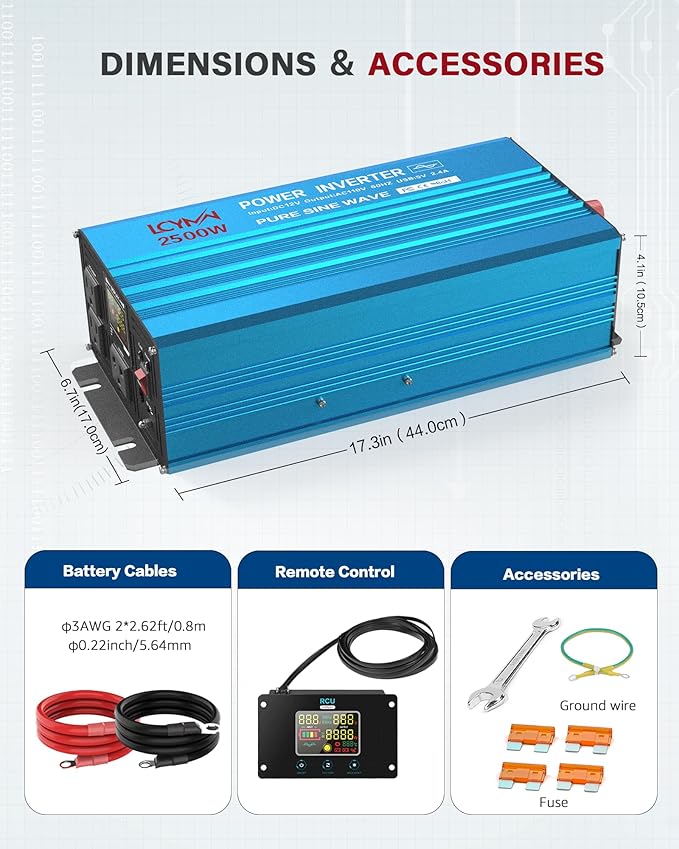 Power Inverter 2500 Watt Pure Sine Wave 12V DC to 110V/120V AC 5000W Peak