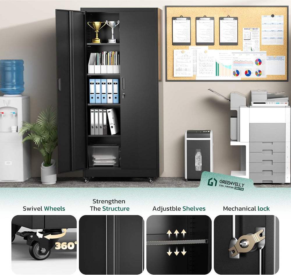 Greenvelly 73" Rolling Storage Cabinet,Black Metal Garage Cabinet with L...
