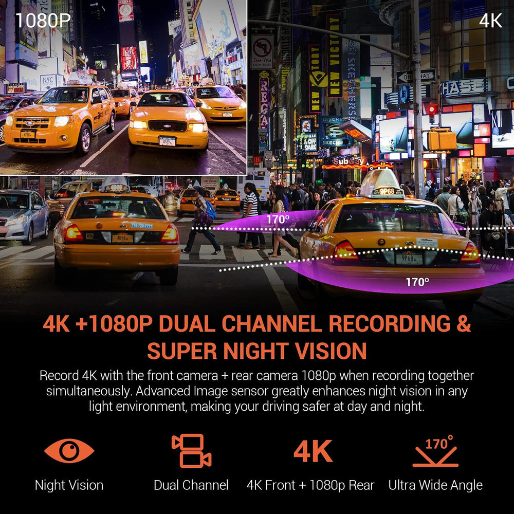 RexingUSA V1P 4K Dual Dash Cam, 4K+1080P Front & Rear, Wi-Fi, 2.4” LCD, 1...