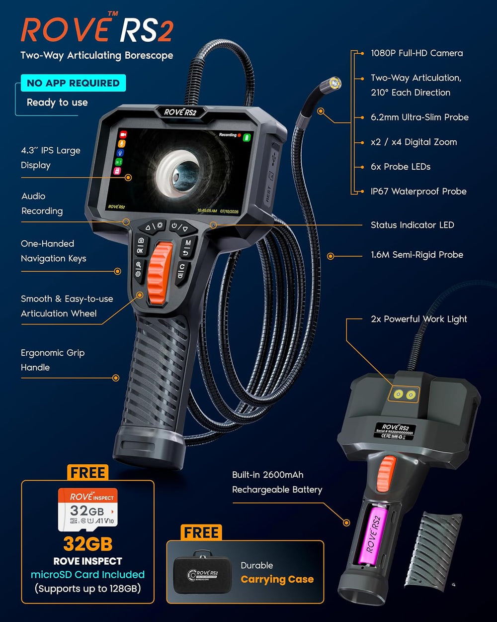 ROVE RS2 Articulating Borescope Camera with Light, 2-Way 210ยฐ, 32GB Card
