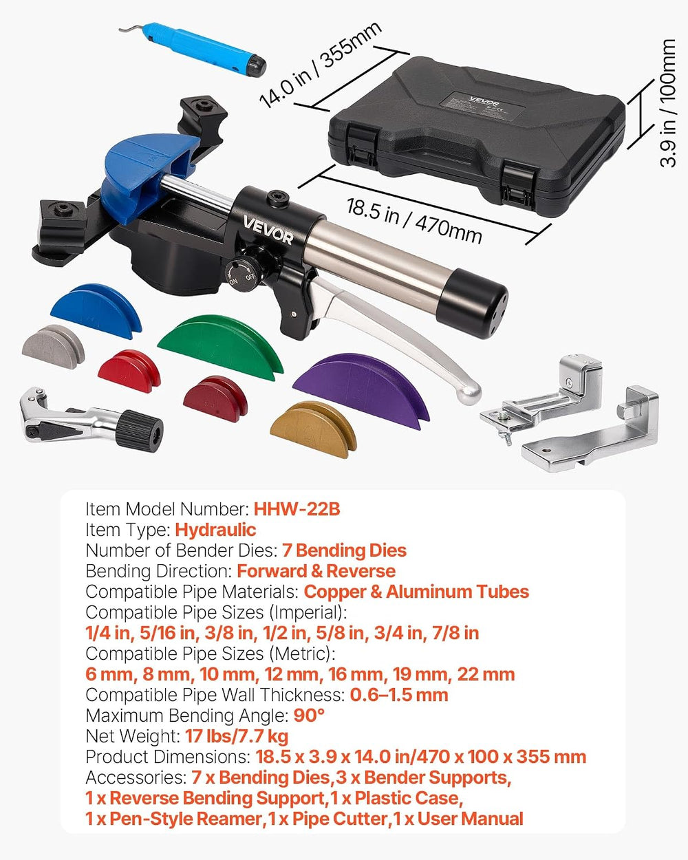 VEVOR Hydraulic Tubing Bender Kit, 1/4 to 7/8 Inch, Copper Tube Pipe Bender, ...