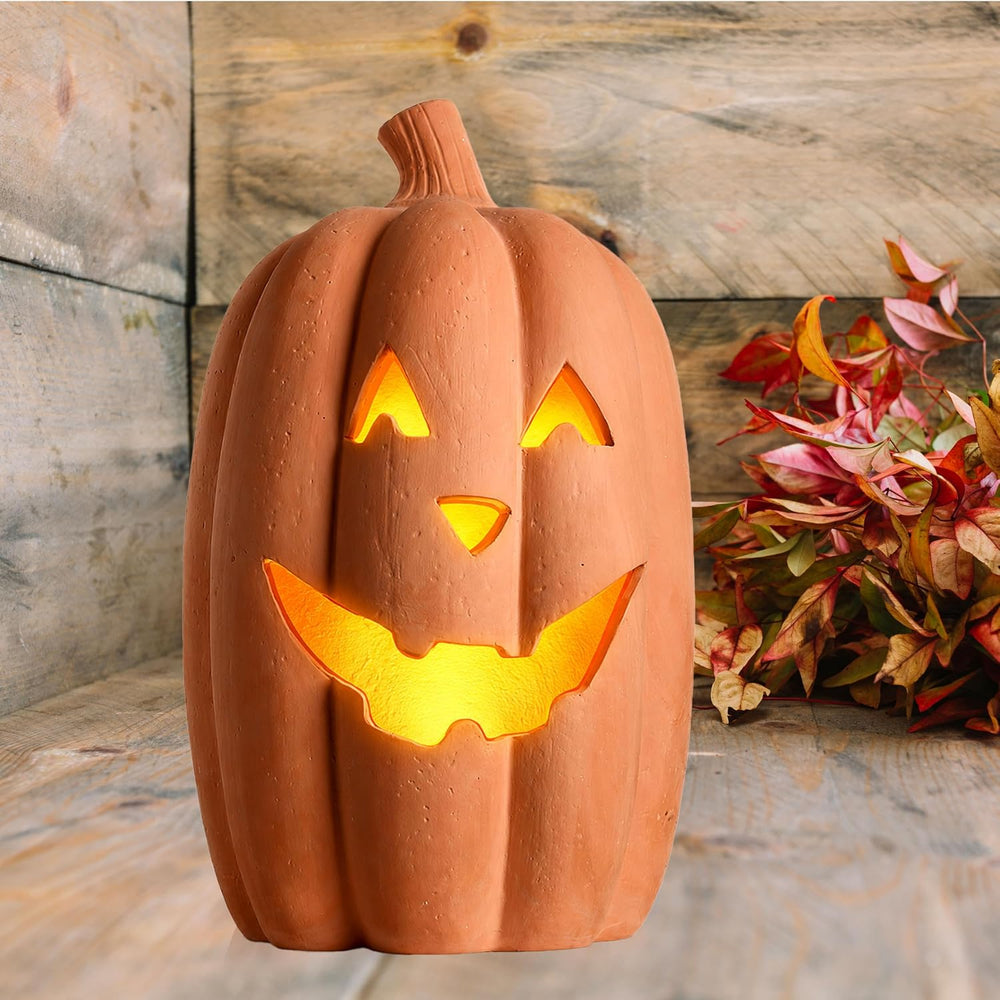 Halloween Lighted Terracotta Jack O Lantern Pumpkin 15 Inch Decor (Large)