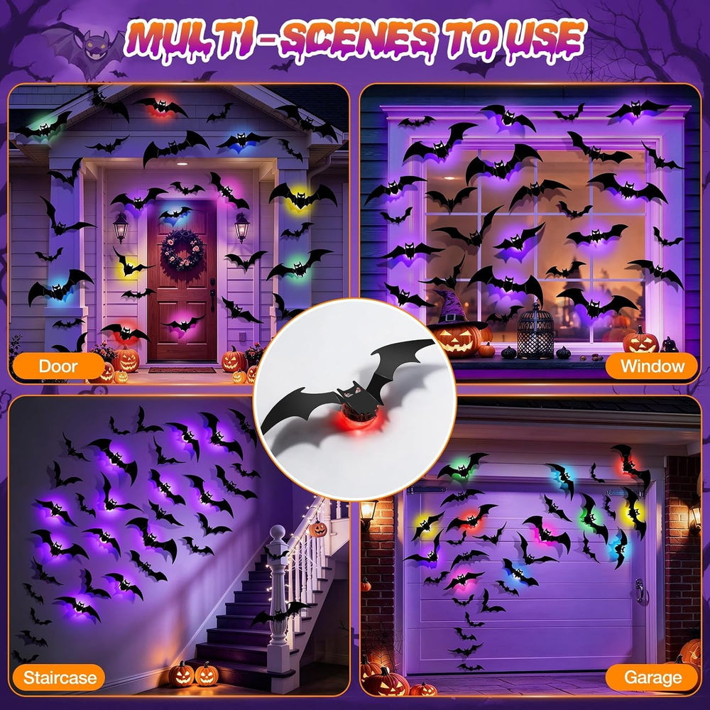 LUDILO 48P Bats Halloween Decorations + 12P Rechargeable Lights with Remote