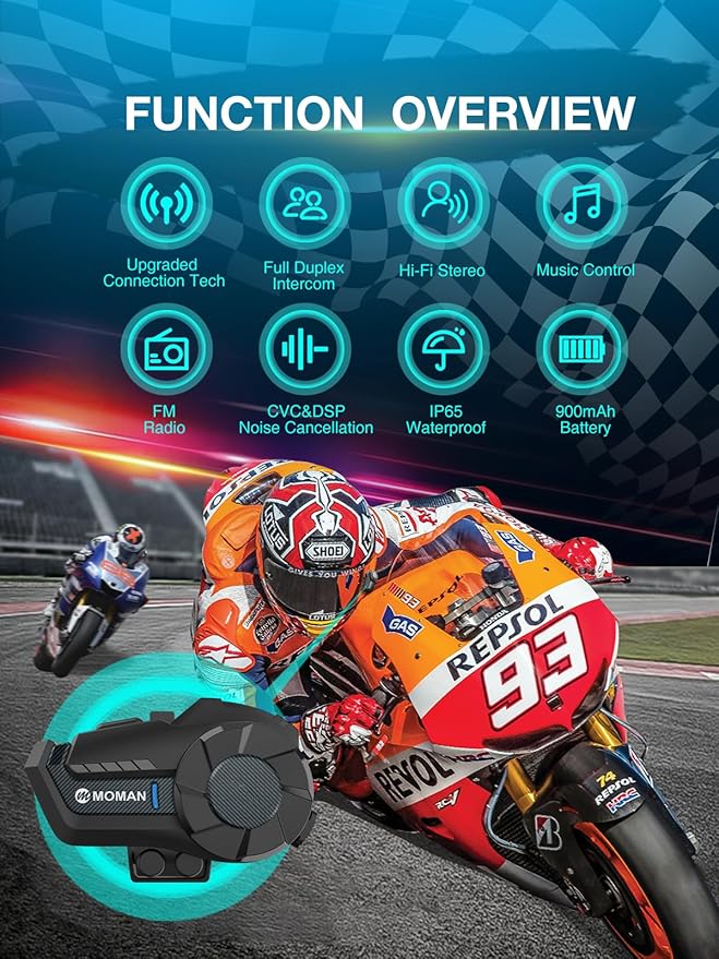 Motorcycle Intercom Headset, Moman H2 Pro【1 Pack Carbon】 Helmet Wireless