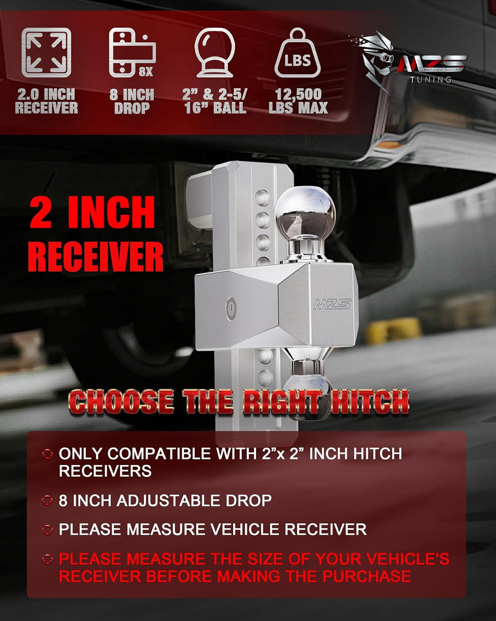 MZS Adjustable Trailer Hitch - Fits 2 Inch Receiver Hitch - 8-Inch Adjustable...