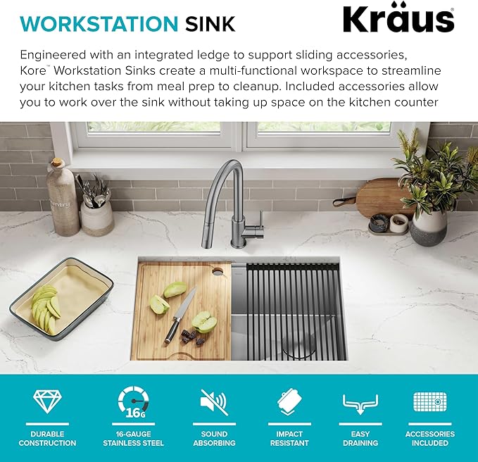 KRAUS Kore 28-Inch Undermount Workstation 16 Gauge Single Bowl Stainless Steel