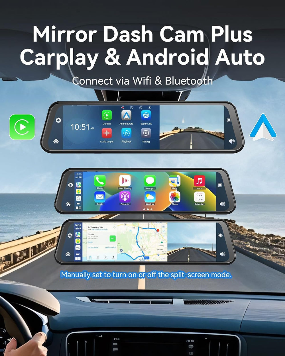 4K Rear View Mirror Camera with Carplay&Android Auto 12" Mirror Dash...
