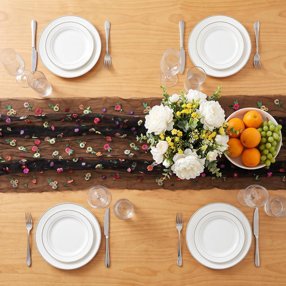 Black Embroidered Floral Daisy Tulle Table Runner Halloween 10FT 6 Pack