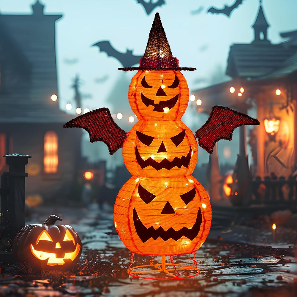3FT-Halloween Decorations Outdoor โ 37 Inch Collapsible Pumpkin Man with 40 L...