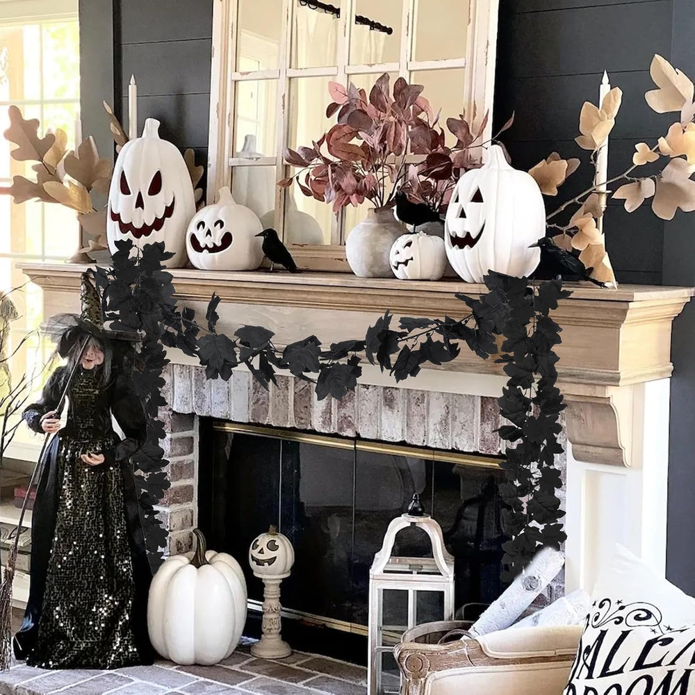 48FT Black Halloween Garland 8pcs Maple Leaf, Table Mantel Gothic Decor