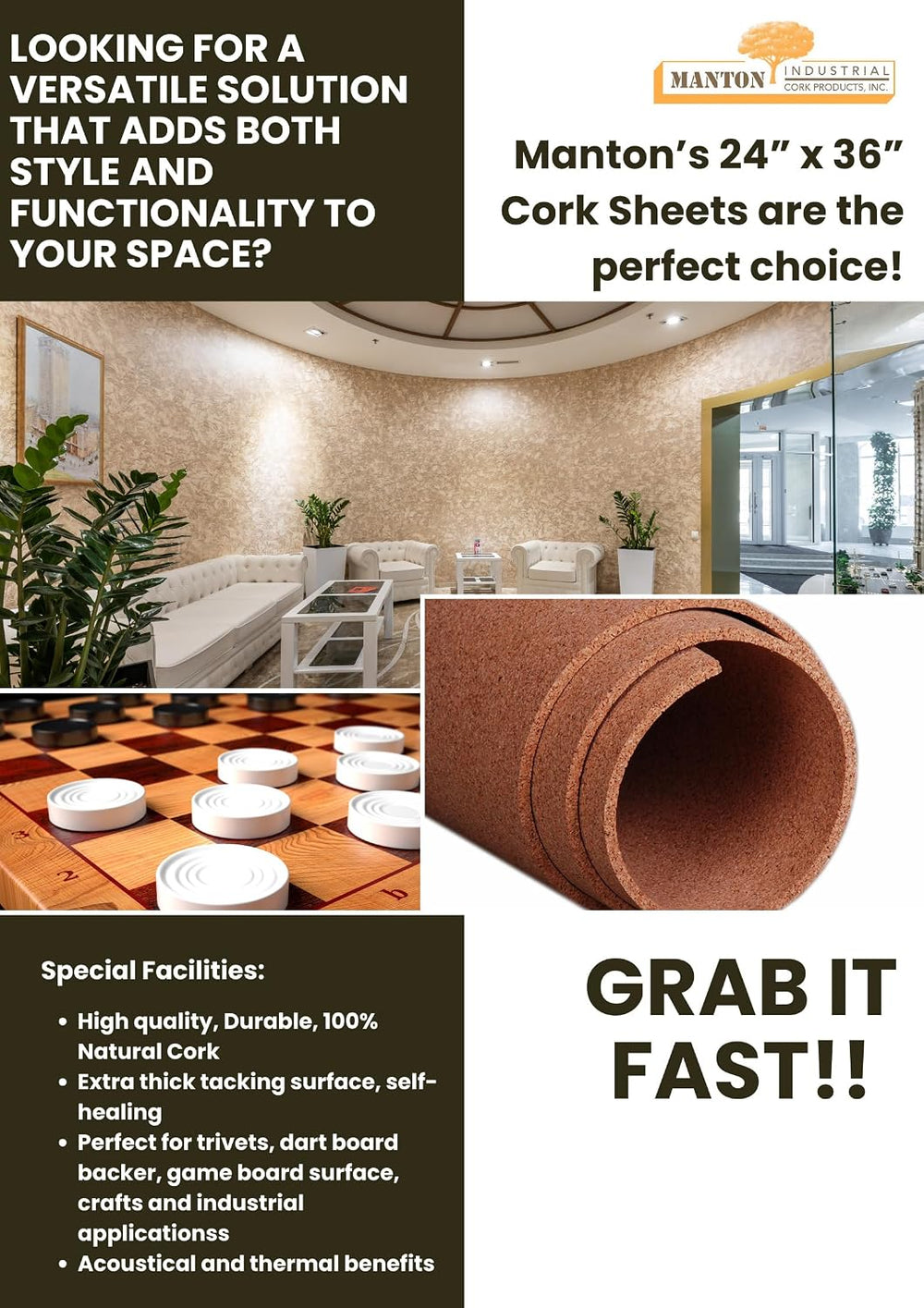 Manton Cork 24" x 36" x 3/8" Thick Cork Sheets (2-Pack) with A...