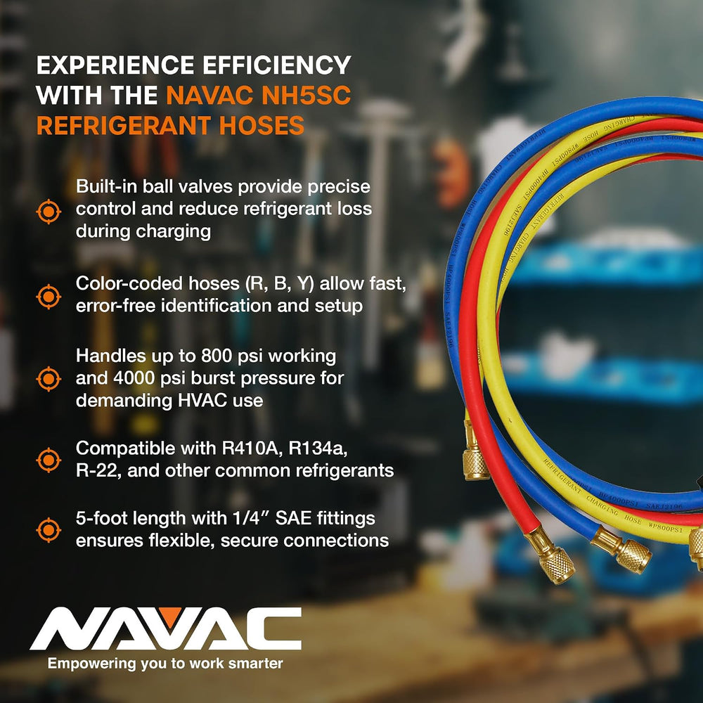 NAVAC NH5SC HVAC Charging Hoses with Ball Valves - 5 ft, 3-Color Kit