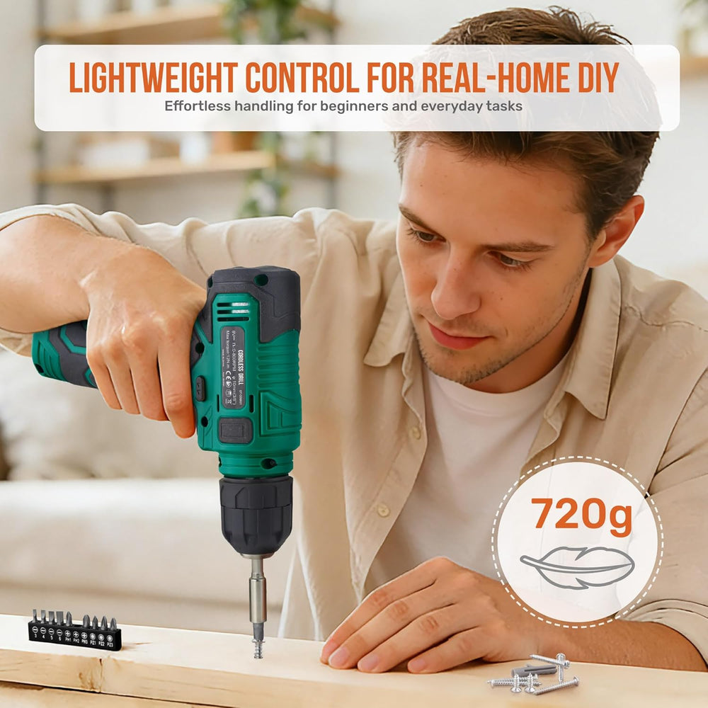 Hi-Spec 8V USB Power Drill Driver and Home Tool Kit with Toolbox Set, Green