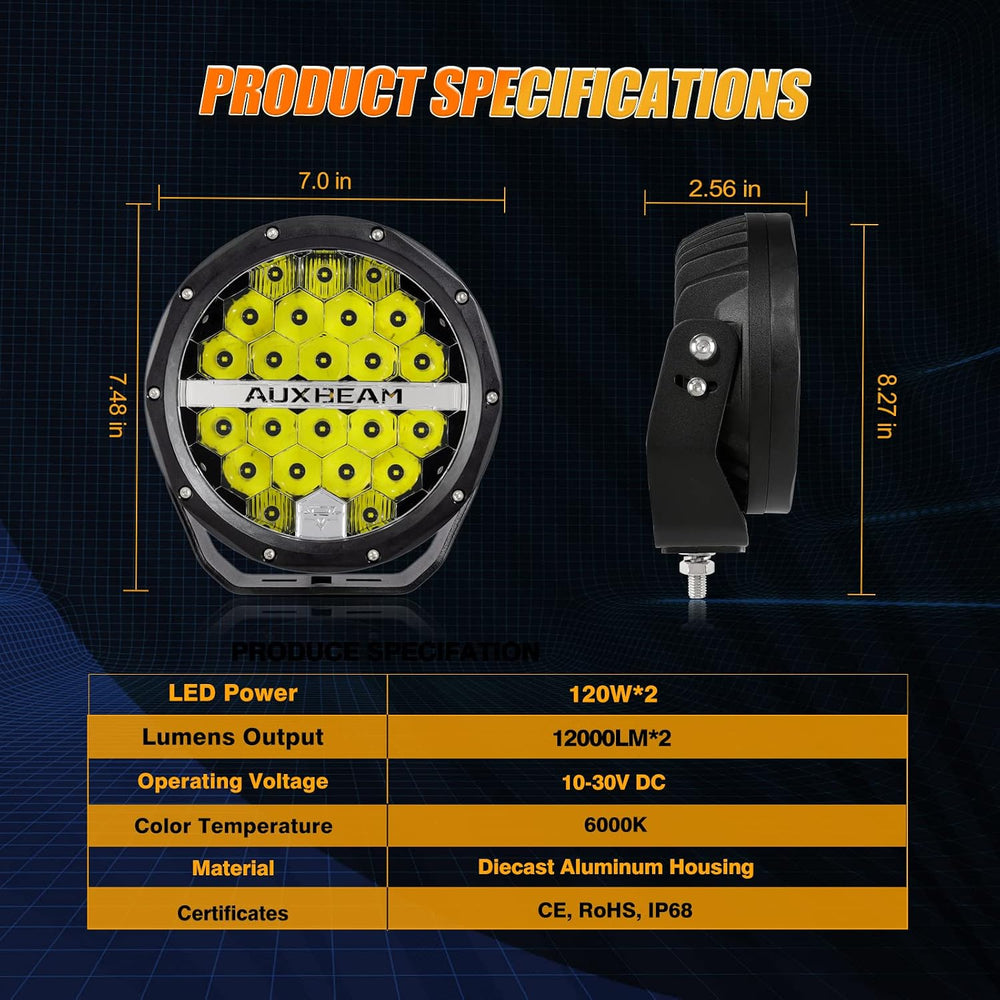 Auxbeam 7 Inch LED Round Driving Light 2PCS, 240W 24000 Lumens Waterproof Off...