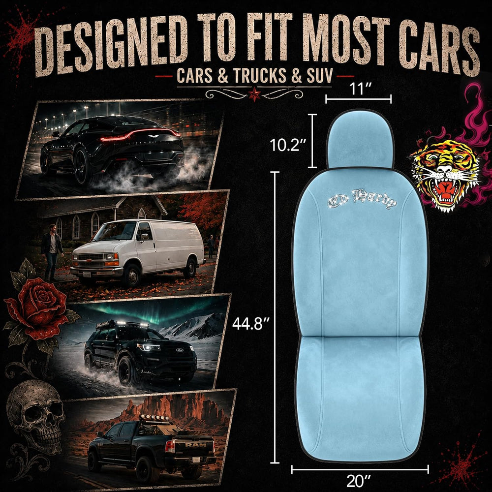 ED HARDY Car Seat Covers, Light Blue Short Plush & Silver Diamond Graphic