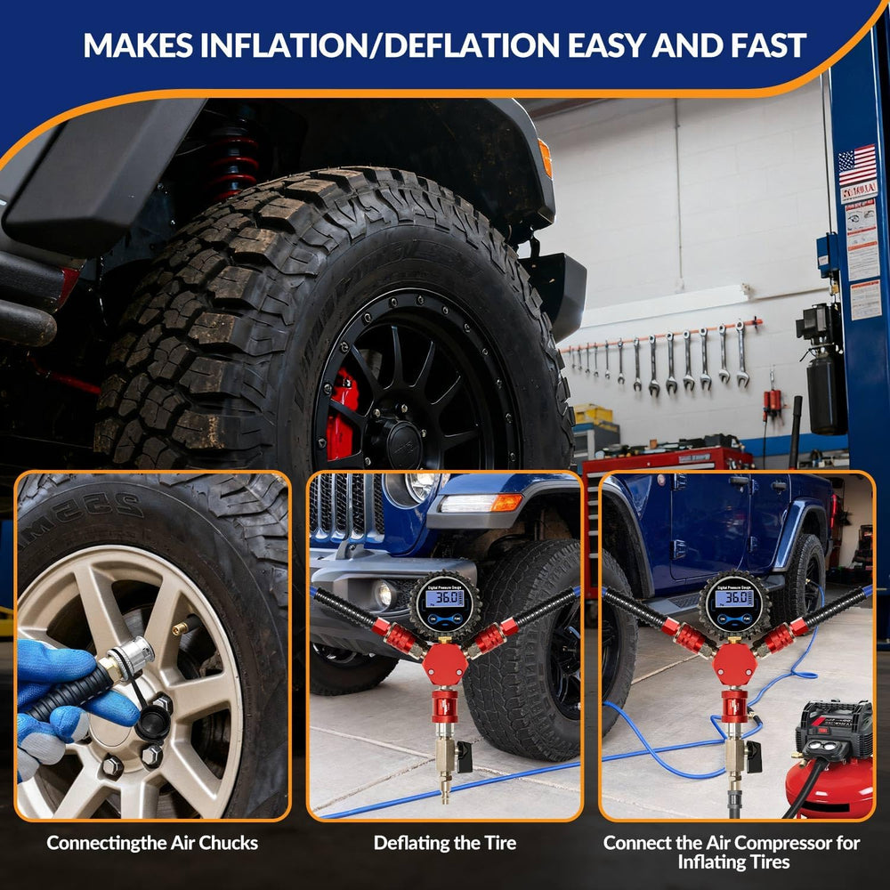 MILADO 4 Way Tire Inflator, Simultaneously Inflate or Deflate 4 Tires