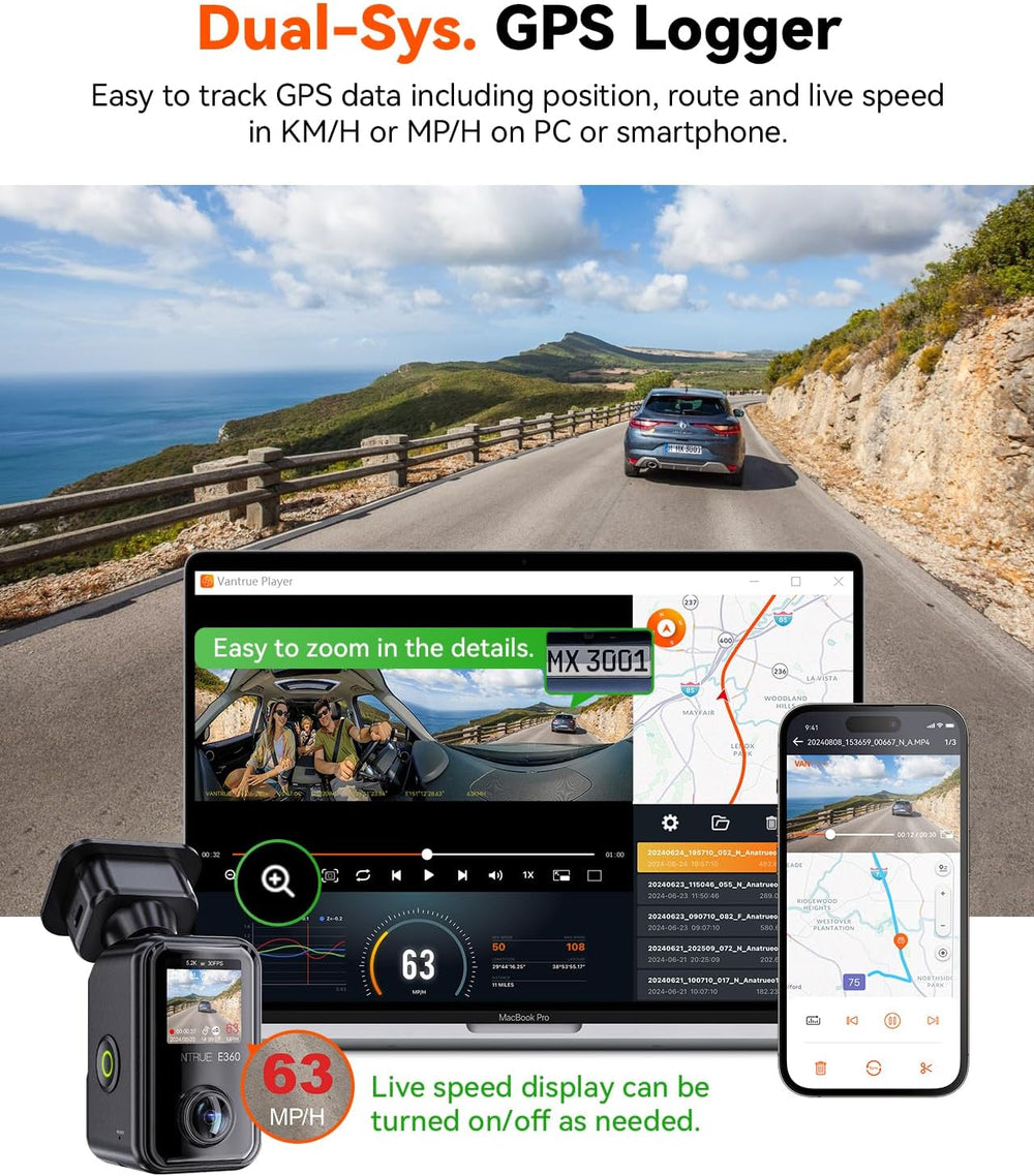 Vantrue E360 ACE All Channel Dash Cam 585ยฐ Fisheye Selfie Stick Tripod