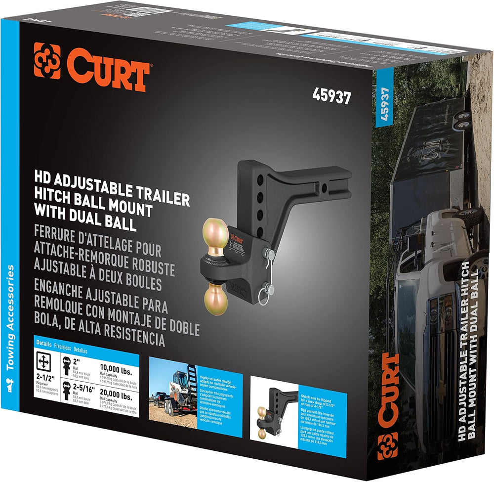 CURT 45937 HD Adjustable Hitch Ball Mount with Dual Ball, 2-1/2" Shank, ...