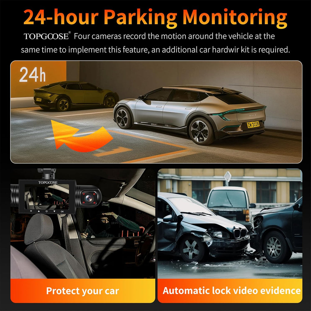 4 Channel Dash Cam 360° View,TOPGOOSE 2K Front and Rear Inside, Left Right Da...